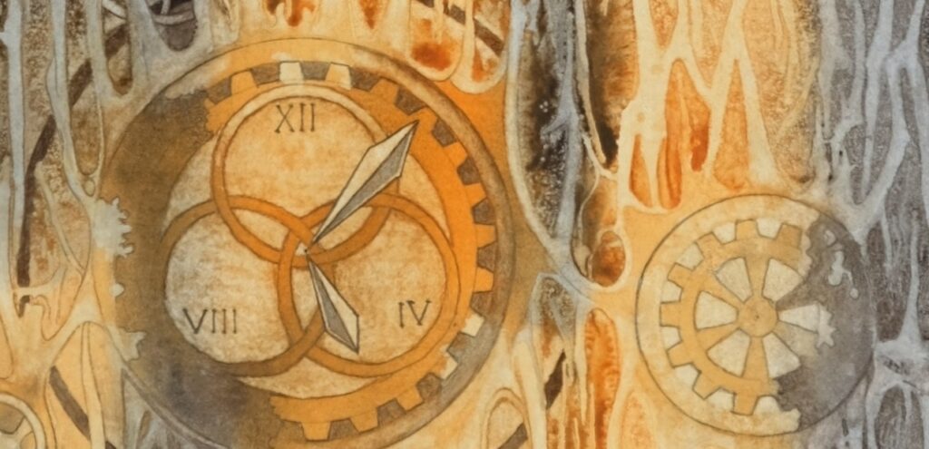 clockworks woven into a background structure; watercolor, yellow grey brown